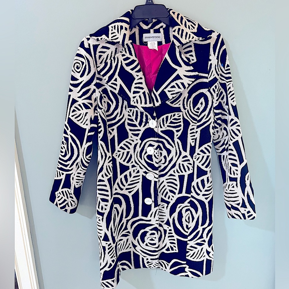 Sharon Young vintage embroidered long jacket tapestry black white floral Large